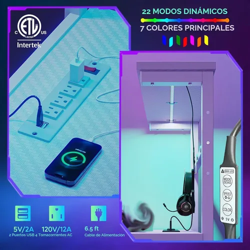 Vista 7 de Bestier Escritorio para juegos con tomas de corriente, escritorio LED grande de 61 pulgadas con estantes reversibles de 4 niveles, mesa