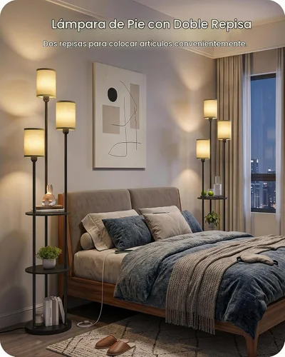 Vista 7 de Lámpara de pie con estantes, moderna lámpara de pie con 3 pantallas de lino e interruptor de pie, lámpara de pie de 3 luces, para sala de estar