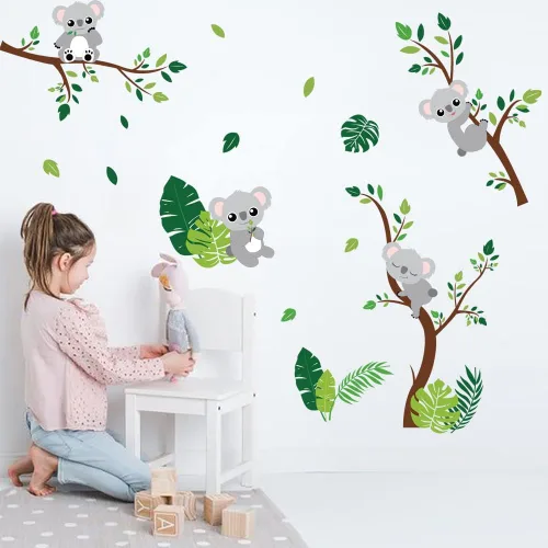 Vista 2 de Runtoo Koala - Calcomanías de pared de hojas de palmera de animales, calcomanías de pared para dormitorio de niñas, guardería, decoración de pared