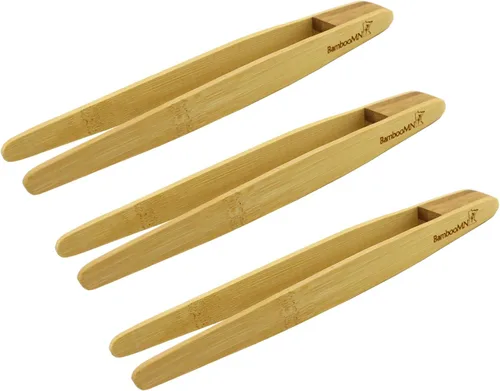 Vista 5 de BambooMN - Pinzas reutilizables de bambú "A" para tostadas de 7.9" - Marrón carbonizado - 10 piezas