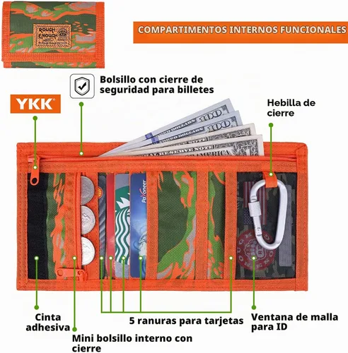 Vista 4 de Rough Enough - Cartera para niños y adolescentes, con correa y cordón, llavero camuflado, Camuflaje anaranjado, Cartera Trfiold de camuflaje