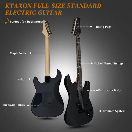 Vista 2 de Ktaxon - Kit de guitarra eléctrica de tamaño completo H-H Pickup con amplificador de 20 W, color negro mate with Bag, Strap, Cable; Deliver Rich