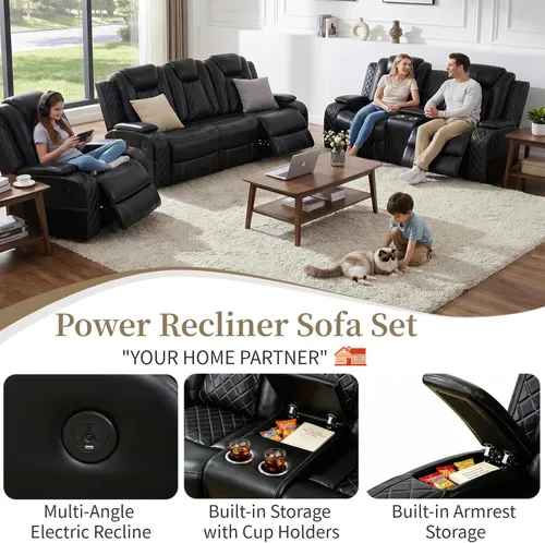 Vista 4 de Pon Living Luxurious Leather Reclining Sofa Set with LED for Living Room