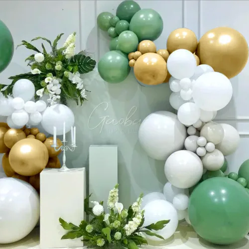 Vista 6 de MEBAY Kit de arco de globos de oro verde, blanco, 146 piezas de confeti dorado cromado metálico verde aguacate y globos de látex blanco