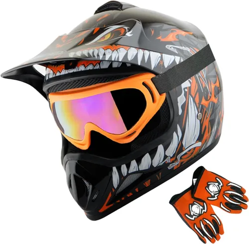Vista 16 de WOW Casco de motocross BMX MX ATV para niños y jóvenes, casco Dianosour Dragon + gafas + guante marciano juvenil: paquete HJOY MG