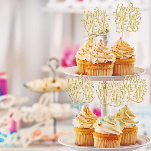 Vista 5 de 24 piezas de adornos para cupcakes de Feliz Año Nuevo 2026 de oro con purpurina, celebra el 2026, adornos de cupcakes para la víspera de Año Nuevo