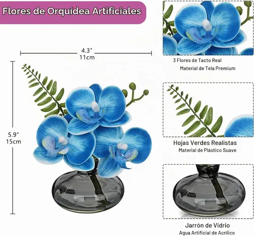 Vista 2 de Arreglo de orquídeas artificiales de flores artificiales en jarrones de vidrio
