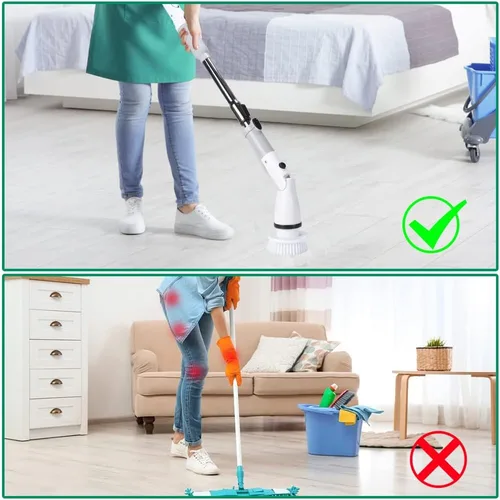 Vista 7 de Cepillo de limpieza eléctrico giratorio inalámbrico con mango largo desmontable ajustable y 4 cabezales de cepillo reemplazables, suministros