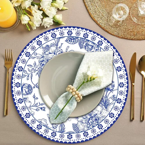 Vista 5 de 50 piezas manteles individuales de papel floral azul de 14 pulgadas, manteles individuales redondos chinoiserie con flores, manteles decorativos