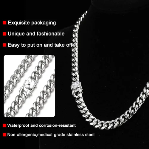 Vista 5 de Cuban Chain Necklace for Men Women 18k Silver Gold Stainless Steel Cuban Chains 8mm 10mm Width Fashion Hip Hop Jewelry