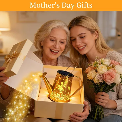 Vista 8 de YJFWAL Regadera solar con luces, regalos únicos para mamá, abuela, mujer, cumpleaños, impermeable, regalos de jardinería, regadera con luces