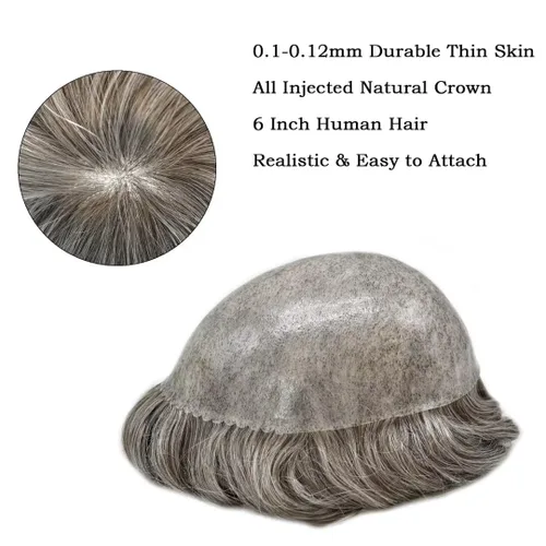 Vista 521 de Toupee para hombre 100% cabello humano real tupé para hombres 0.004 in piel de poliuretano para hombre, sistema de reemplazo de piezas de pelo