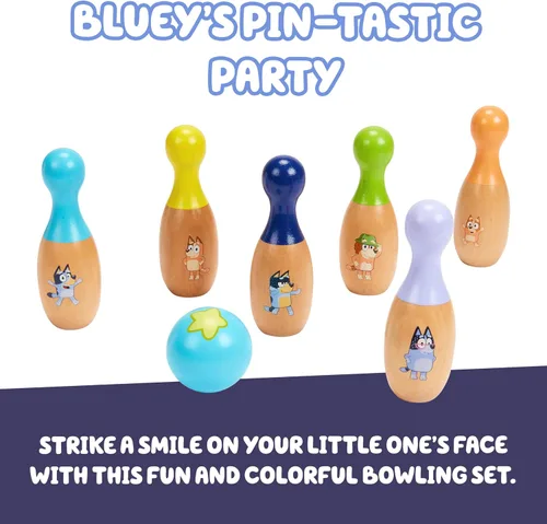 Vista 3 de Bluey Juego de Bolos de Madera – Juego de Bolos con 6 Pines de Bolos de Madera con Personajes, Juguete Duradero para Niños de 3+ Años, Juego