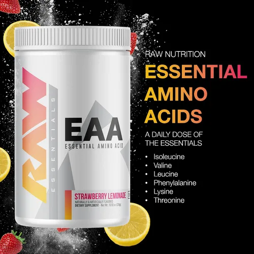 Vista 3 de RAW EAA Aminoácidos en polvo, limonada de fresa (25 porciones) – Aminoenergía en polvo preentrenamiento para fuerza, resistencia, recuperación
