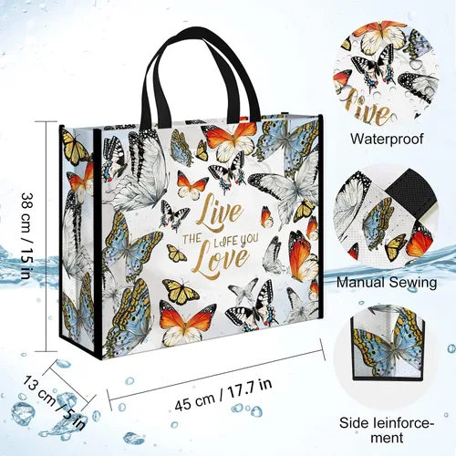 Vista 4 de NymphFable Paquete de 5 bolsas de compras reutilizables, coloridas mariposas, lavables, bolsas de tela