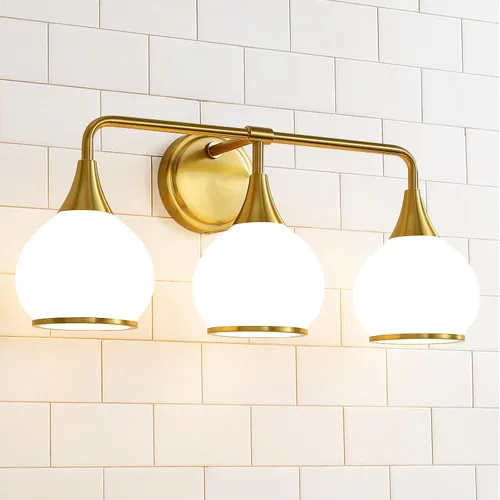 Vista 23 de Accesorios de iluminación de baño en oro cepillado, luces de tocador de 2 luces con pantalla de vidrio esmerilado blanco lechoso, lámpara de tocador