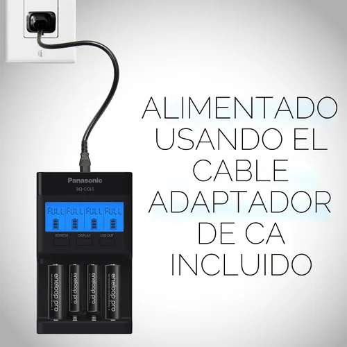 Vista 6 de Panasonic BQ-CC65AKBBA Cargador súper avanzado eneloop pro y eneloop de 4 posiciones con panel indicador LCD y puerto de carga USB, negro