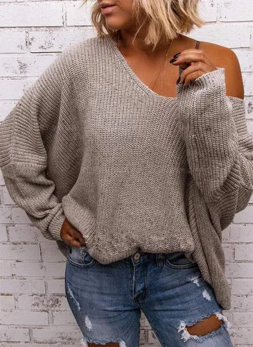 Vista 2 de BZB - Suéter de punto con cuello en V y manga larga para mujer, holgado y de gran