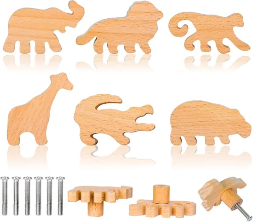 Vista 8 de Whaline 6 pomos de madera de dinosaurio con tornillos decorativos con temática de dinosaurio, pomos de tocador de madera natural, pomo de muebles