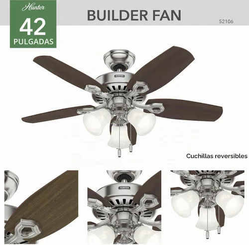 Vista 7 de Hunter Fan Company 52106 Hunter Builder - Ventilador de techo para interiores con luz LED y control de cadena de tracción, 42 pulgadas, acabado