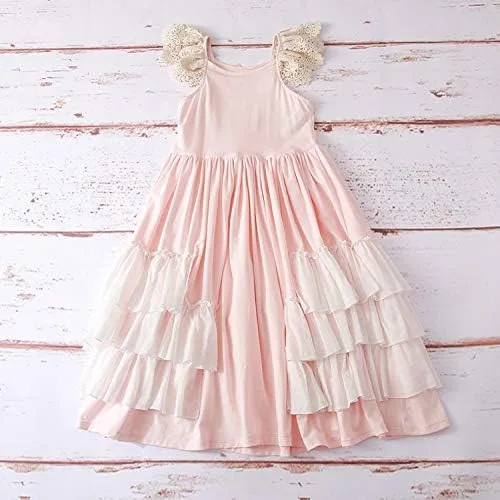 Vista 5 de Vestido largo bohemio con volantes para niñas, color rosa, manga de mosca, volantes, de verano, de algodón