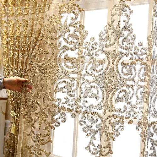Vista 4 de Gxi Paneles de cortinas transparentes de jacquard marrón con ojales, 2 paneles para sala de estar, puerta corredera, cortina de gasa de tul europeo