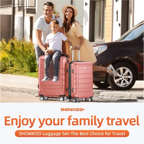 Vista 2 de SHOWKOO Sets de equipaje, maleta ampliable con doble ruedas, bloqueo TSA, 3pcs, Rose gold