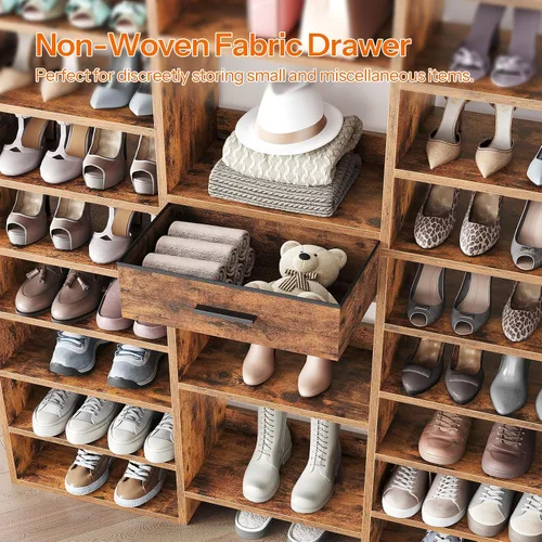 Vista 5 de HOOBRO Zapatero de 10 niveles de alto, organizador grande de zapatos de madera de 47 pulgadas, estante de zapatos de 61 pulgadas de alto con cubos