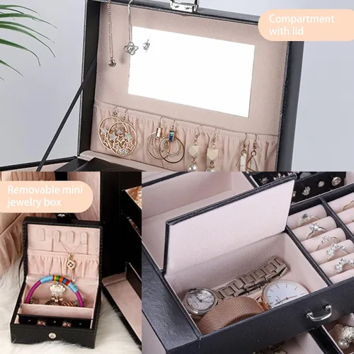 Vista 4 de DREAM&GLAMOUR - Cajas de joyería grande, de piel sintética, organizador de joyas de piel sintética con espejo y cerradura. Caja de almacenamiento
