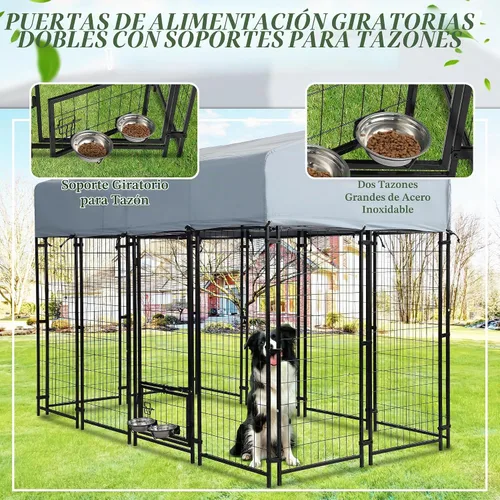Vista 3 de Perrera para perros al aire libre, recinto para perros de 8 x 4 x 5.7 pies con cubierta de techo impermeable y 2 cuencos giratorios para perros