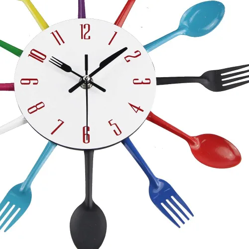 Vista 4 de Reloj de pared para cocina, cubiertos de cocina, reloj de pared con tenedores y cucharas 3D extraíble moderno y creativo reloj de pared para Colorido