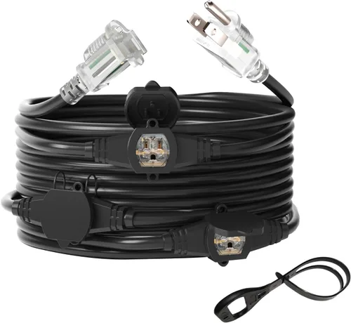 Vista 13 de Cable de Extensión de Corriente de 25 Pies con 3 Clavijas, Cable SJTW Calibre 12 5-15R de Enchufe Macho a Conector Hembra, 7 Tomacorrientes