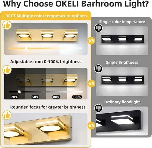 Vista 2 de OKELI Lámpara LED de tocador de baño de 3 luces, accesorios de iluminación de pared de baño modernos dorados sobre espejo (3CCT, 3000K-6000K)