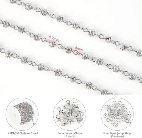 Vista 2 de KYUNHOO - Cadenas de cuentas de bola de plata de 3.3 yardas para fabricación de joyas con cierres