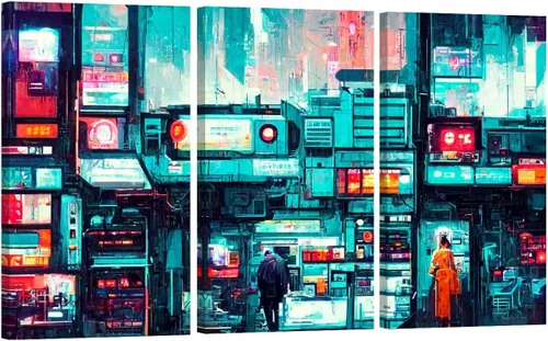 Vista 52 de Lienzo decorativo para pared, diseño de ciudad futurista Cyberpunk para sala de estar, impresión multipanel, obra de arte de cocina, pintura