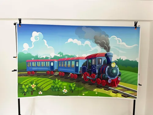 Vista 2 de GYA Fondo de fiesta de tren de corriente de 7 x 5 pies para fotografía, fondo de tren de Navidad, para niños, fiesta de cumpleaños, aventura
