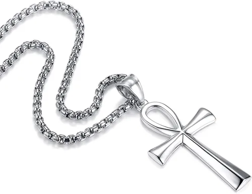 Vista 15 de Reve Collar con colgante religioso de cruz de Ankh copta de acero inoxidable para hombres y mujeres, cadena de 20 a 24 pulgadas