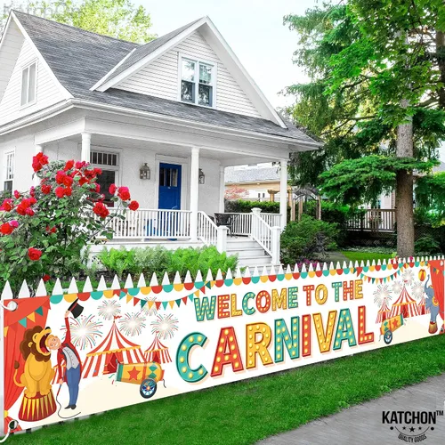 Vista 7 de Fondo de bienvenida al carnaval: 120 x 20 pulgadas, pancarta de carnaval para patio, decoraciones de fiesta temática de carnaval, juegos de carnaval