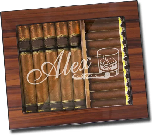 Vista 11 de The Wedding Party Store Caja de puros personalizada premium con higrómetro, humidificador y tapa de vidrio - Juego de regalo de caja de puros