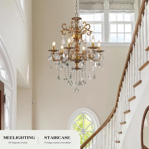 Vista 5 de Candelabros de cristal de bronce antiguo de lujo con lámpara colgante de vela, lámpara de techo de 6 luces de cristal dorado para comedor, sala