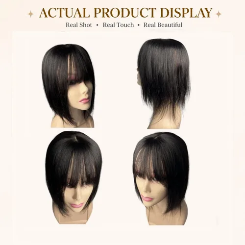 Vista 5 de Peluca de cabello humano para mujer con flequillo, peluca con clip para cabello fino + base de cuero cabelludo de poliuretano de alta densidad