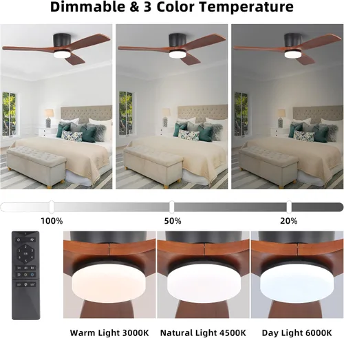 Vista 5 de WINGBO Ventilador de techo CC de montaje empotrado de 48 pulgadas, luz regulable 3CCT, 3 cuchillas de madera tallada, motor CC reversible sin ruido