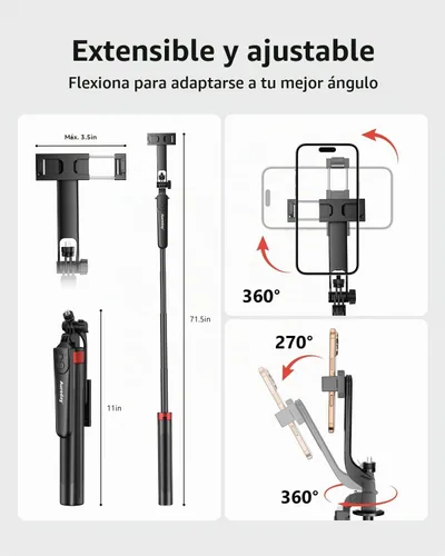 Vista 4 de Aureday Trípode de teléfono de 72" y palo para selfie, soporte de trípode para teléfono celular con control remoto inalámbrico y soporte extensible