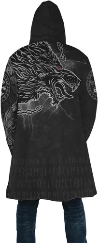 Vista 3 de WSXJJ Abrigo con capucha de tatuaje de lobo vikingo Fenrir en 3D, abrigo nórdico de cachemira sintética para hombre, chaqueta de invierno de media
