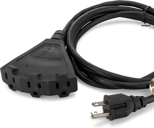 Vista 2 de Cable alargador de Holiday Lighting Outlet para interiores o exteriores de 16/3, 3 tomas de corriente, 3 clavijas, certificación UL Negro