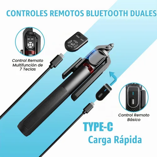 Vista 3 de Soporte extensible de 86 pulgadas con rotación de 360° para selfie y trípode con control remoto inalámbrico Bluetooth dual y 2 luces LED de relleno