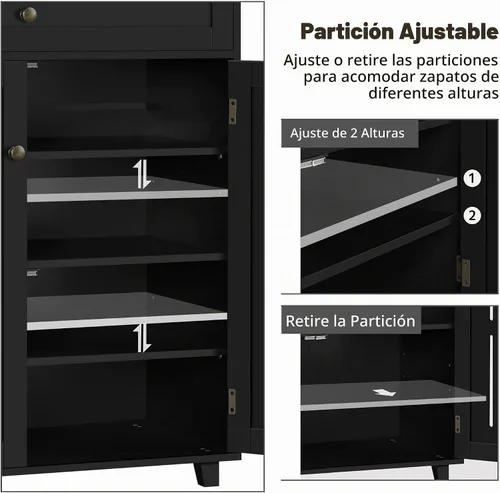 Vista 2 de Yaheetech Zapatero para entrada, estante cerrado de 4 niveles con cajón, color negro
