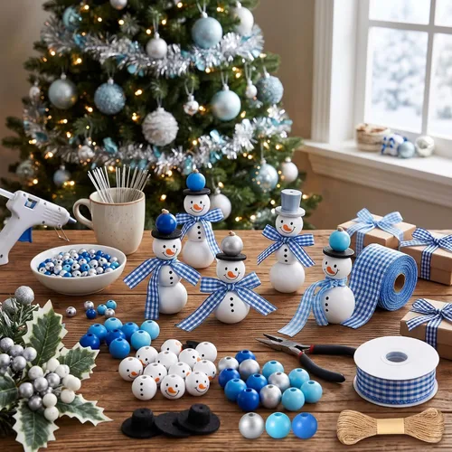 Vista 6 de Yulejo 180 Pcs Christmas Snowman Wooden Plaid Bead Winter Xmas, Blue