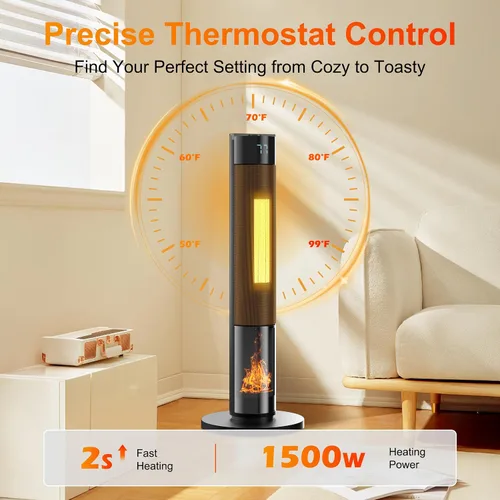 Vista 2 de AKIRES Calentadores de espacio para uso en interiores para habitaciones grandes, calentador de habitación en torre con termostato, oscilante