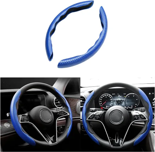 Vista 12 de Funda de fibra de carbono para volante de automóvil, antideslizante, de cuero transpirable, protector de volante de vehículo segmentado, agarre